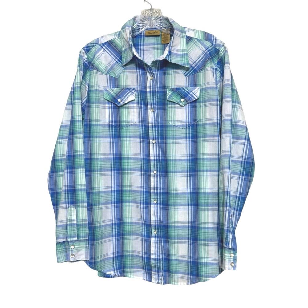 Wrangler Women's Western Style Pearl Snap Shirt Blue/Green Plaid Print Large